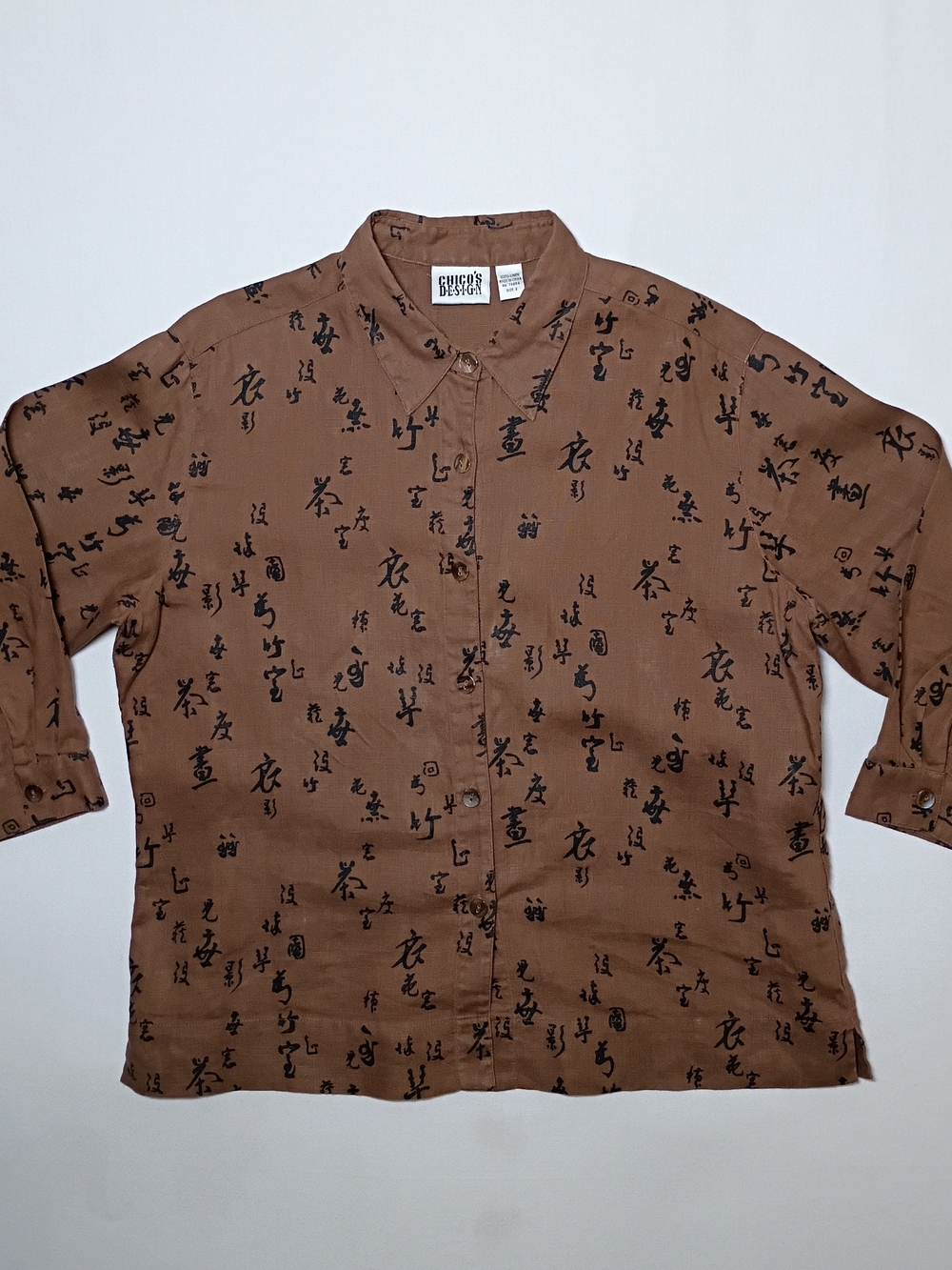 Chico's Design Brown Linen Button Up Blouse Size Large Japanese Characters